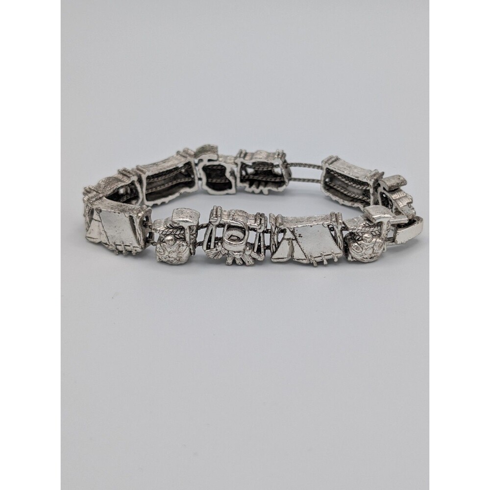 Vintage 90s Tofa BG Silver Tone Heavy Charm Bracelet Slider Camping Tent Kitschy